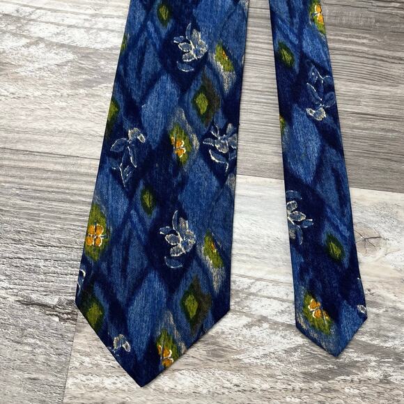 Hugo Boss‎ Yellow Blue Abstract Diamond Floral Mens 57" Silk Necktie Italy EUC - Picture 1 of 6
